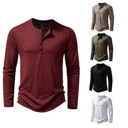 Men's Long-sleeved T-shirt Fashion Casual Solid Color Pullover Button Top Autumn And Spring Clothing