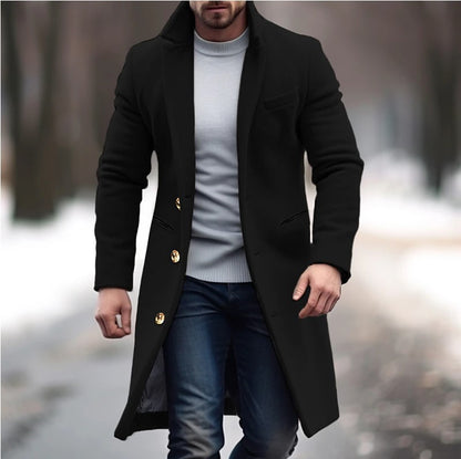 Winter Lapel Trench Coat Fashion Pocket Single Breasted Jacket Outerwear Casual Solid Color Men's Clothing