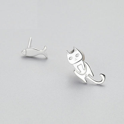 Fashion Asymmetry 925 Sterling Silver Stud Earrings Animal Fish Cat Stud Earrings for Women Personality Jewelry Gifts