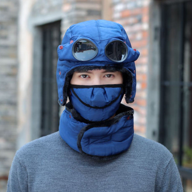 Winter Fleece Cap for Hiking Skiing Windproof Outdoor Sports Hat Fluff Thermal Trapper Hat with Goggles