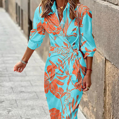 Fashion Printed Shirt Dress With Belt Slim Fit Three-quarter Sleeve Lapel Dress For Women Clothing