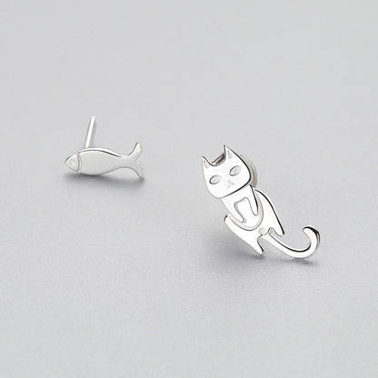 Fashion Asymmetry 925 Sterling Silver Stud Earrings Animal Fish Cat Stud Earrings for Women Personality Jewelry Gifts
