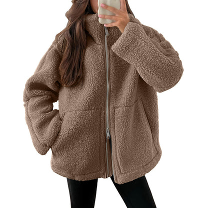Winter Lapel Zip-up Coat With Pockets Casual Fashion Solid Fleece Jacket Fall Spring Long Sleeve Women's Clothing