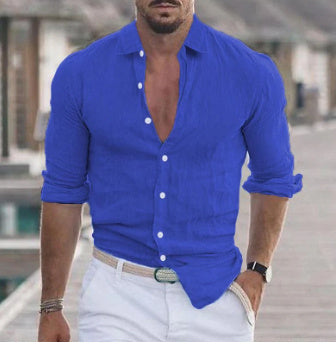 Men's Long Sleeve Shirt With Button Casual Solid Color Tops For Spring Autumn