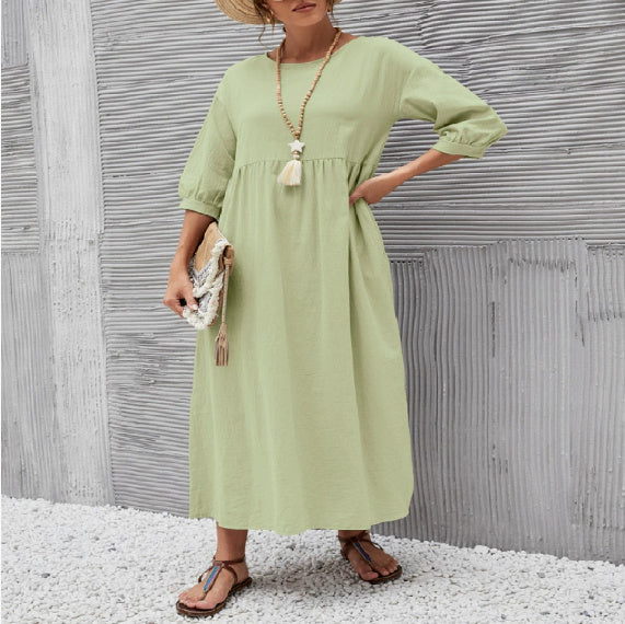 Summer Short-sleeved Dress With Pockets Fashion Solid Round Neck A-line Dresses For Women Clothing
